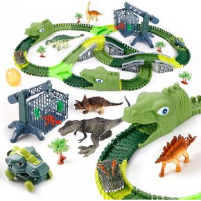 Dinosaur Toys Race Car Track, 277 PCS Create A Dinos World Road Race Tracks, Flexible Track Playsets with Light & Sound for 3 4 5 6 Year Old Boys Girls Birthday Christmas Favor Gift