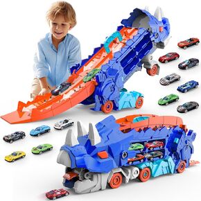 Dinosaur Truck Toys for Kids, Transforms into Triceratops with Race Track Set, Ultimate City Dinosaur Transporter Hauler with 4 Cars, Birthday Gifts Toys for Boys 3 4 5 6 7 8 Years Old Blue