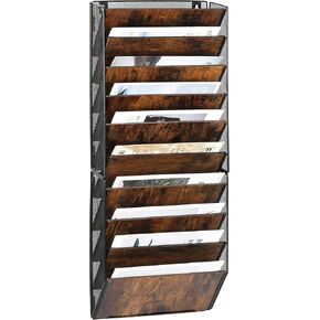 TQVAI Hanging Wall File Holder Organizer 10 Pockets, Wood Document Folders Magazine Paper Storage Rack, Wall Organizer for Office Classroom Clipboard Organization, Black/Vintage