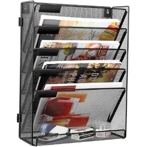 EasyPAG Mesh Office Organizer, 5 Tier Wall File Organizer, Assembly Wall Mounted File Holder, Desk Vertical Hanging Paper File Rack with White Label,Black