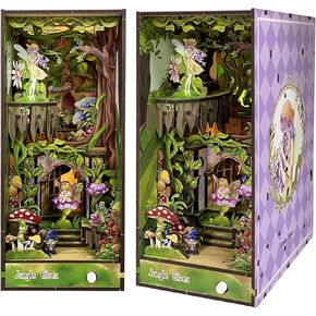 Book Nook Kit, DIY Dollhouse Booknook Bookshelf Insert 3D Wooden Puzzle Bookend for Book/Room Decor, Miniature Model House with LED Light Book Nook Kits for Adults (Elfin Jungle)