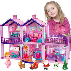 Doll House for Girls,6 Rooms Pink Dollhouse with Dolls Figure, Puppies,Furniture, Accessories, Kids Playhouse for for 3 4 5 6 7 8 9 10 Year Old