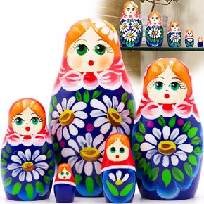 Russian Nesting Dolls Set of 5 pcs - Russian Doll with with Bouquet of Chamomile Flowers - Handmade Chamomile Flower Decorations - Daisy Flower Decor