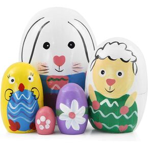 Winterworm Cute Rabbit Nesting Doll Set of 5 Egg Shape Easter Bunny Sheep Chick Flower Russian Nesting Dolls Wooden Matryoshka Dolls for Kids Stacking Christmas Birthday Toy Gift Home Decoration