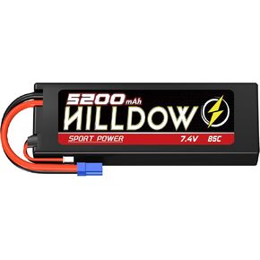 Hilldow 7.4V 2S Lipo Battery 85C 5200mAh RC Battery Hardcase with EC5 Connector for1/8 1/10 RC Vehicles Car Slash RC Buggy Truggy RC Airplane Drone
