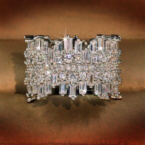 925 Sterling Silver Shiny Full Diamond Gemstone Ring 18K Gold Cocktail Ring Cubic Zirconia Promise Ring CZ Diamond Multi Row Rings Eternity Engagement Wedding Party Ring for Women Z.132 (US Code 6)