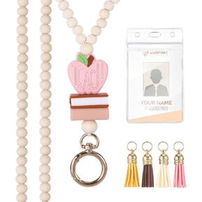 Teacher Lanyard with ID Holder, Wood Retractable Beaded Lanyard for ID Badges Keys Fashion Cute Boho Breakaway Lanyard for Women