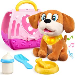 JOYIN Plush Dog Toys for Kids, Interactive Puppy Toy with Button, Lights & Sounds, Pet Care Set with Carrier & Accessories, Pretend Playset for Toddlers 18+ Months, Birthday Gifts for Boys and Girls