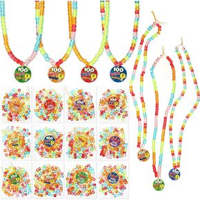 Ecation Crafts Beads, DIY Necklace Making Kit 5 Assorted Color Beads for Jewelry Making with Printed 100 Days Card Bead Necklace Kit for Fine Motor Activities Art Craft (48 Pack)