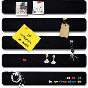 DOLLAR BOSS Felt Bulletin Board Strips, 13 x 2 Inch 5-Pack, Small Adhesive Cork Boards for Walls, Corkboard Strip Tiles Pinboard with 30 Pushpins for Office Desk Home Back to School Supplies, Black