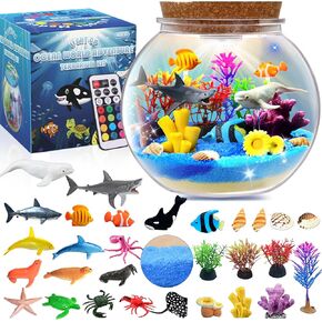 Ocean Light Up Terrarium Kit for Kids- Sea Animal Toys LED Night Light Birthday Gift for Boys & Girls Ages 4 5 6 7 8-12, Includes Sharks,Whales,Dolphins and Other Sea Creatures,Kids Arts & Crafts Kit