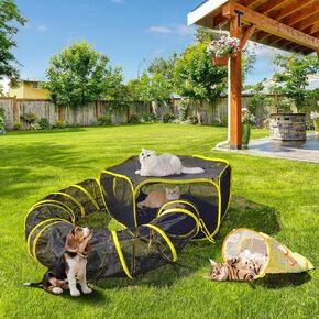 Outdoor Cat Enclosure Portable and Collapsible Pop-Up Mesh Tent Circle Pet Playpen Tunnel for Outside with Tunnel Bag Toy Interactive Drill Bag for Small Animals (Tent and Play Bag Combination)