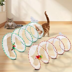 2-Piece Spiral Cat Tubes for Indoor Cats, Large Collapsible Tunnel with Feather Mouse Interactive Toy (Green & White + Green + Orange & Red)