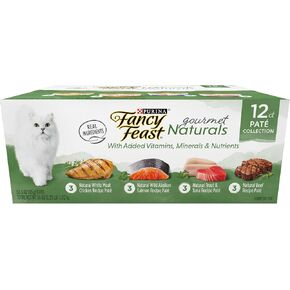 Purina Fancy Feast Grain Free Wet Cat Food Pate Variety Pack Gourmet Naturals–Beef, Chicken, Salmon, Trout and Tuna - (2 Packs of 12) 3 oz. Cans