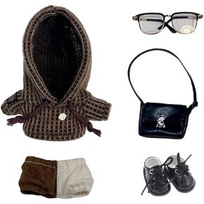 niannyyhouse 10cm 15cm 20cm Plush Doll Clothes Woolen Hoodie Pants Backpack Glasses Leather Shoes Color Blocked Outfit Doll Dress Up (Dark Brown-15cm)