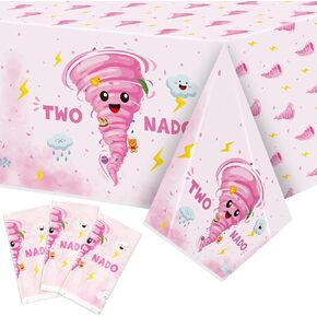 Two Nado Party Tablecloths - 3Pcs Pink Tornado Birthday Party Table Covers Decorations, Cute Two Nado Themed Rectangular Plastic Disposable Table Cloth Decor for Baby Girls 2nd Birthday Baby Shower