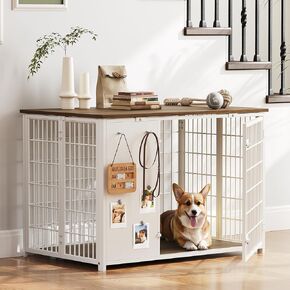 Foldable Dog Crate Furniture, Dog Crate with DIY Frame, Heavy Duty Dog Kennel Indoor with Hooks, Wooden Dog Cage End Table, for Small/Medium Dogs, White and Walnut DC95WH