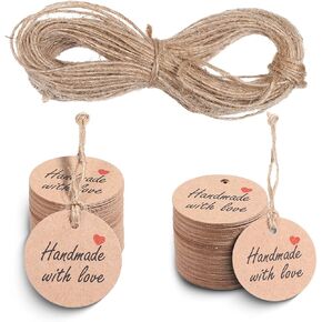 200 PCS Handmade with Love Tags, Brown Gift Tags with String, Personalized Handmade Tags, Hand Made Tags, Kraft Paper Tags for Gifts Wrap Craft Birthday Party