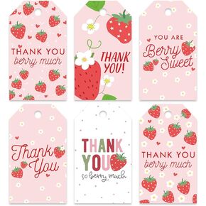 Whaline 90Pcs Strawberry Gift Wrap Tags Thank You Hanging Labels with String Pink Flower Strawberry Blank Paper Tags for Birthday Baby Shower
