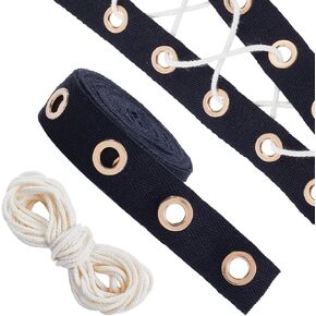 GORGECRAFT 4 Yard Black Grommet Eyelet Tape Eyelet Trim 1"/25mm Wide Cotton Twill Tapes Strip with Golden Metal 0.3"/8mm Hole Ring for Sewing Corset Clothing Includes 10M White Cotton String Threads