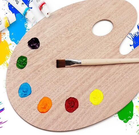 2 Pack Wooden Paint Palette - Wooden Oval-Shaped Artist Painting Palette with Thumb Hole - Wood Paint Color Mixing Tray - Easy Clean, Mix Acrylic, Oil, Watercolor in Kuwait