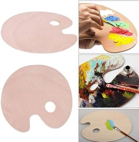 2 Pack Wooden Paint Palette - Wooden Oval-Shaped Artist Painting Palette with Thumb Hole - Wood Paint Color Mixing Tray - Easy Clean, Mix Acrylic, Oil, Watercolor in Kuwait