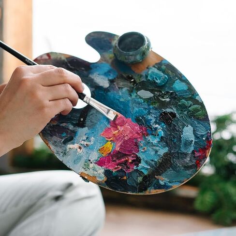 2 Pack Wooden Paint Palette - Wooden Oval-Shaped Artist Painting Palette with Thumb Hole - Wood Paint Color Mixing Tray - Easy Clean, Mix Acrylic, Oil, Watercolor in Kuwait