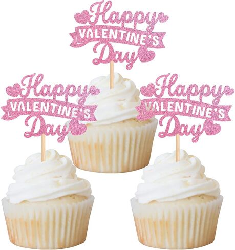 Rsstarxi 24 Pack Happy Valentine's Day Cupcake Toppers Red Glitter Sweet Love Cupcake Food Picks Valentine Cupcake Topper for Happy Valentine's Day Birthday Party Cake Decorations Supplies in Kuwait
