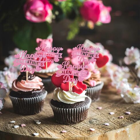 Rsstarxi 24 Pack Happy Valentine's Day Cupcake Toppers Red Glitter Sweet Love Cupcake Food Picks Valentine Cupcake Topper for Happy Valentine's Day Birthday Party Cake Decorations Supplies in Kuwait