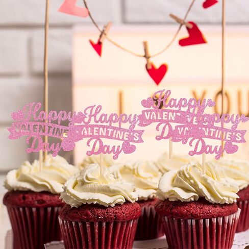 Rsstarxi 24 Pack Happy Valentine's Day Cupcake Toppers Red Glitter Sweet Love Cupcake Food Picks Valentine Cupcake Topper for Happy Valentine's Day Birthday Party Cake Decorations Supplies in Kuwait
