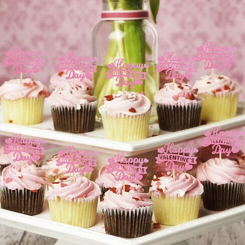 Rsstarxi 24 Pack Happy Valentine's Day Cupcake Toppers Red Glitter Sweet Love Cupcake Food Picks Valentine Cupcake Topper for Happy Valentine's Day Birthday Party Cake Decorations Supplies in Kuwait