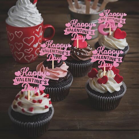 Rsstarxi 24 Pack Happy Valentine's Day Cupcake Toppers Red Glitter Sweet Love Cupcake Food Picks Valentine Cupcake Topper for Happy Valentine's Day Birthday Party Cake Decorations Supplies in Kuwait