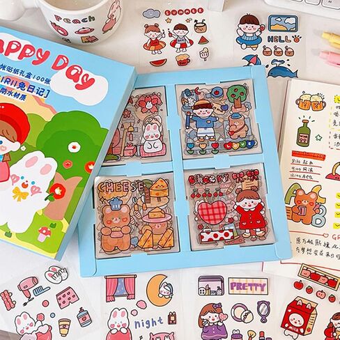 Cute Cartoon Bunny Bear Stickers, EAMOTOL 100 Sheets Kawaii Animals Transparent PET Scrapbooking Clipping Supplies Decals for Journaling Planners Collage Junk Journal Bullet Album Calendar Phone Case in Saudi Arabia