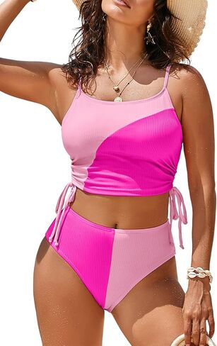 Pink Queen Women's 2 Piece Swimsuit Scoop Neck Ribbed Drawstring Ruched Crop Top High Waisted Bikini Sets Bathing Suit in Saudi Arabia