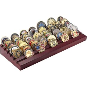 Challenge Coin Display Holder, 6 Row Military Army Collectible Rack Holds 48 Coins Natural Solid Wood Stand for Collectors Veterans -Mahogany