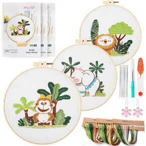 XSYXSLYT 3 Pack Embroidery Starter Kit with Pattern,Cross Stitch Kits,Lion Monkey Elephant,Simple Embroidery Combining Animals and Trees,Women's Embroidery DIY Art Kit,2 Embroidery Hoop