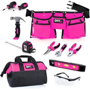 My First Tool Set - Pink by DIY Jr. - Real Tool Set for Kids Pink Tools for Girls Toolbelt Child-Sized Tools Complete Tool Set for Girls Tools for Small Hands