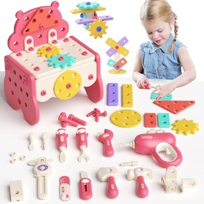 burgkidz Kids Tool Set, 66 PCS Pink Kids Tool Box for Girls, Electronic Toy Drill Pretend Play Girls Toys Construction Tools Kit Bench, Valentine's Birthday Gift Ideas Toddler Tool Set Age 3 4 5+