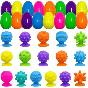 Pinkiwine 16 Pack Plastic Prefilled Easter Eggs with Textured Suction Cup Sensory Toys Inside for Kids Boys Girls Toddlers Easter Basket Stuffers Gifts Fillers