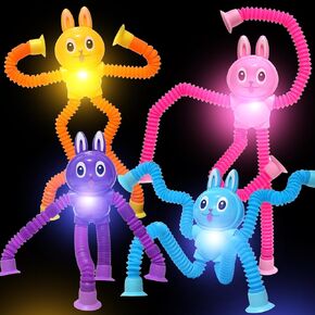 Easter Bunny LED Pop Tubes Light Up 4 Pcs Sensory Fidget Toys, Telescopic Suction Cup Easter Basket Stuffers Toys Party Favors Game Prizes Goody Bags Treats for Kids 3+