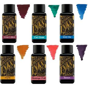 Diamine - 30ml Fountain Pen Ink - Colour Wheel - 6 x Bottles - Writers Blood, Cool Green, Misty Blue, Sepia, Flamingo Pink, Damson