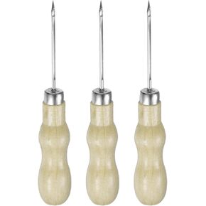 HARFINGTON 3pcs Handwork Sewing Awl Double Gourd Hollow Awl Leather Punch Hole Tool with Wooden Handle Scratch for Broken Wire Make Mark Drilling Stitching Repair and DIY Handmade, Log Color