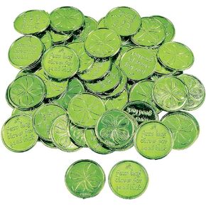 Fun Express Plastic 4-Leaf Clover Good Luck Coins for St. Patrick's Day (144 Coins) Party Favors & Decorations, Novelty Party Supplies