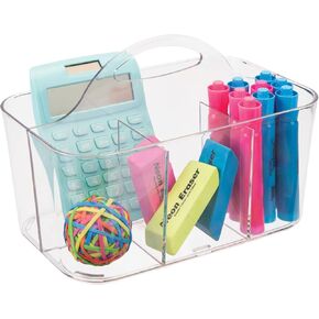 MetroDecor mDesign School Supplies Desk Organizer Tote for Scissors, Pens, Pencils, Notepads, Markers, Highlighters, Tape - Small, Clear