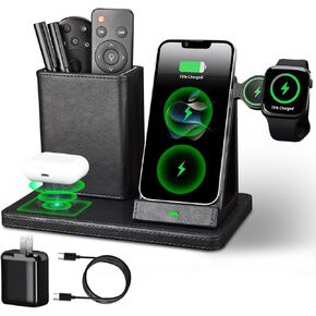 Office Supplies Desk Accessories,Pen Holder Remote Control Holder, Organizer with Phone Charger,Nightstand Desktop Organizer,Black Leather Desk Organizer With Charging Station (black)