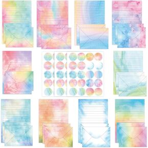 160 Pieces Watercolor Stationary Paper Set for Girl - 50 Lined Stationery Writing Papers 50 Matching Envelopes 60 Round Sticker Seals, 10 Cute Unique Design (Watercolor, 5.5 x 8.25 Inch)