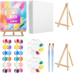 Acrylic Paint Canvas Set, 64 Piece Painting Supplies Kits with 16 Small Canvases, 16 Acrylic Paints, 16 Paint Brushes, 8 Palette, 8 Easels, Canvas Painting Kit for Adults, Kids, Artists and Beginner
