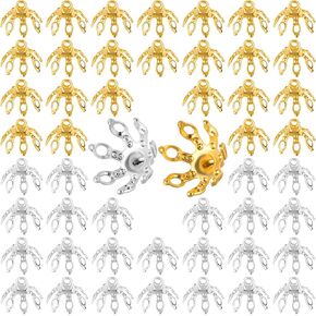 50pcs Flower Bead Caps for Jewelry Making, Hypoallergenic Alloy End Cap Bails, Flower Beads End Caps for Earrings Bracelets Anklets Pendants Rings DIY Crafts- Silver