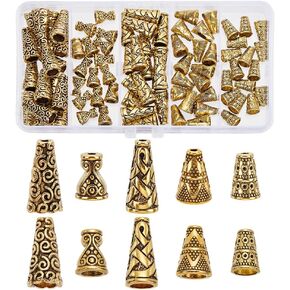 PH PandaHall 80pcs Cone Bead Caps Antique Golden Bead Caps, 5 Styles Tibetan Style Alloy Spacers Bead Caps Tassel End Cap for Earring Necklaces Keychain Pendants Jewelry Making DIY Crafts