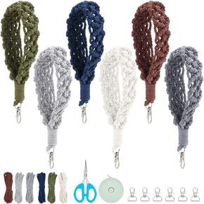 BEUNITONE 6 Set Macrame Key Chain Colorful Boho Cute Macrame Wristlet Lanyard Kit Set for Adult Beginners DIY Craft Keychain Making Kits Knotting Kits with Instructions for Christmas Thanksgiving
